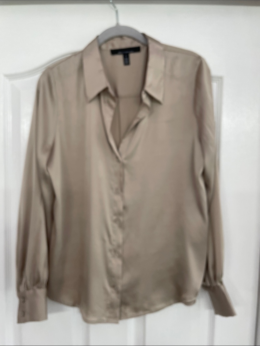 White House Black Market Satin Button-Down Blouse in Taupe